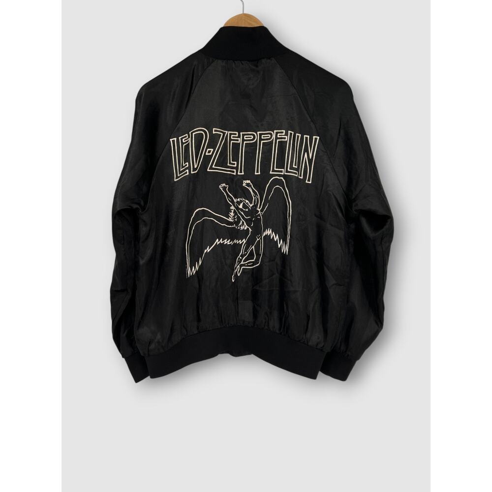 Led Zeppelin Bomber Jacket Swan Song Angel Graphic Black Satin Size Small